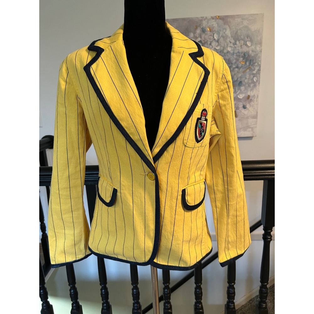 Vintage DG2 Diane Gilman Yellow Pinstripe Crest Blazer Navy Trim Small